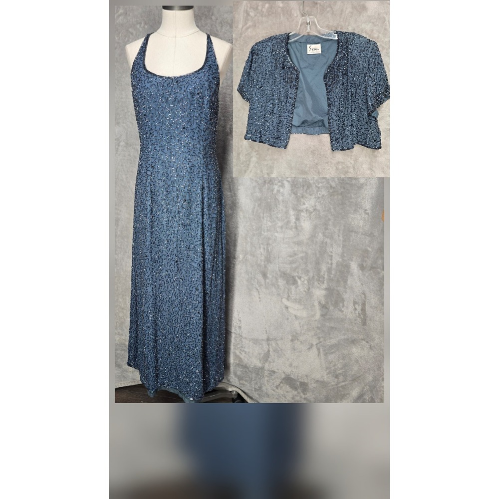 Vtg Sean Collection Gown Set Women XL Blue Beaded Silk Maxi Dress Bolero Jacket